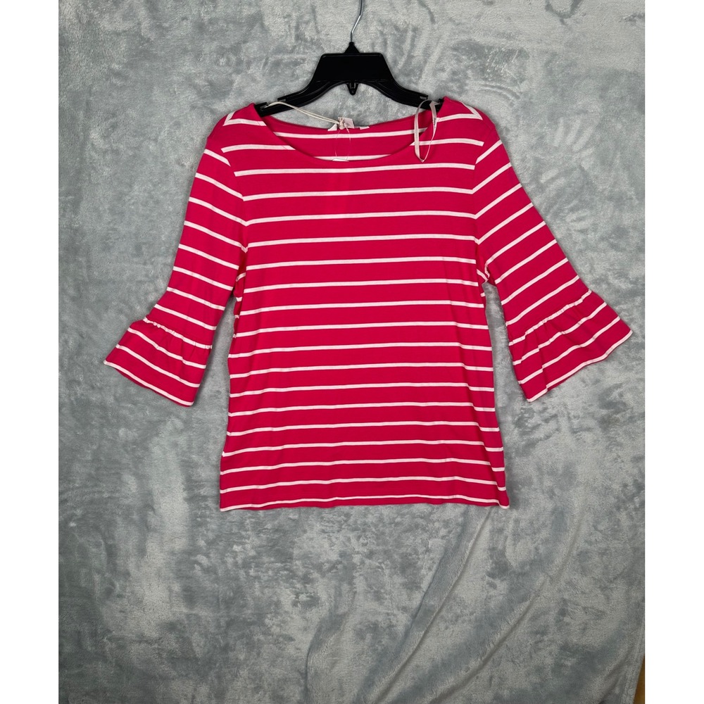 Tommy Bahama Pink White Striped Ruffle Sleeve Boat Neck Top Small NWT
